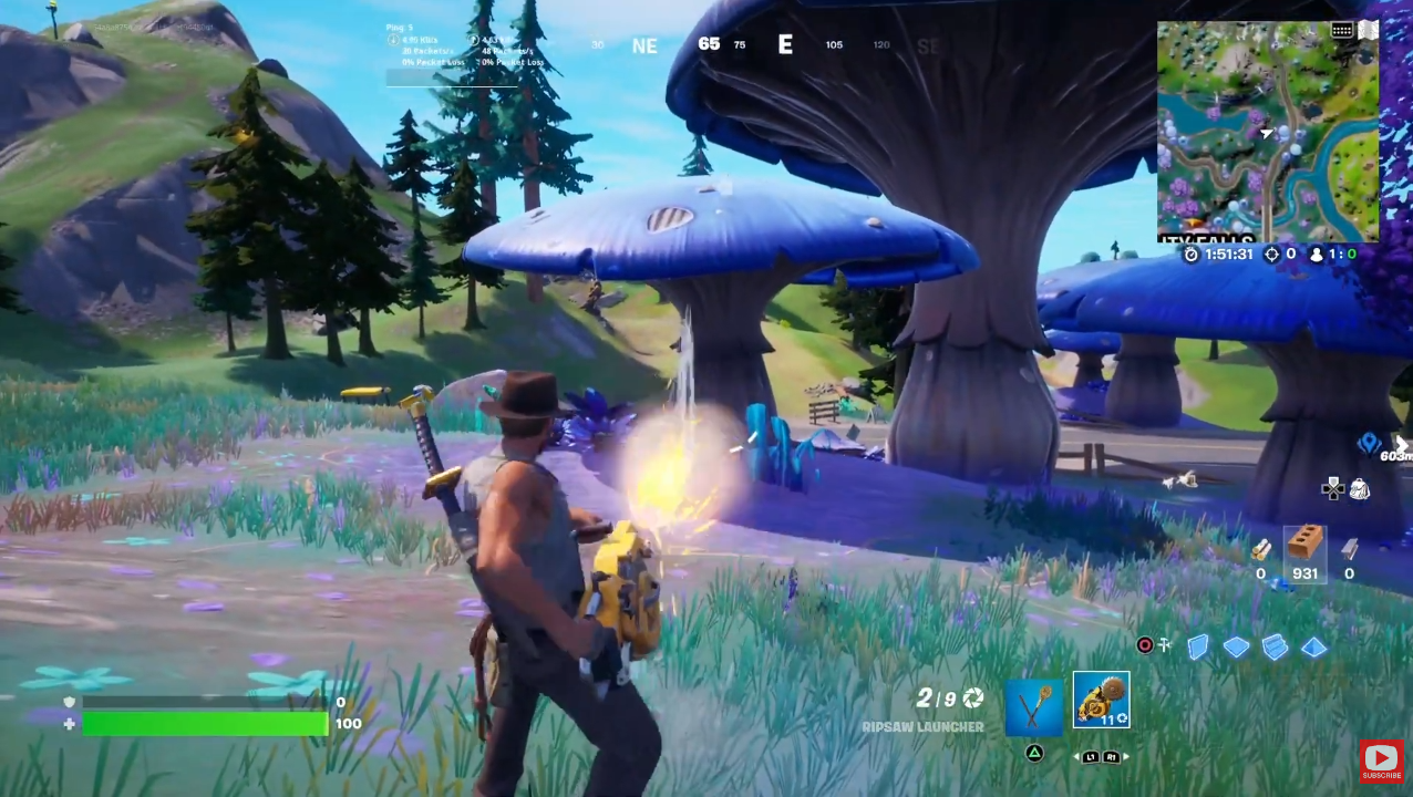 Destroy Giant mushrooms with the Ripsaw Launcher in Fortnite